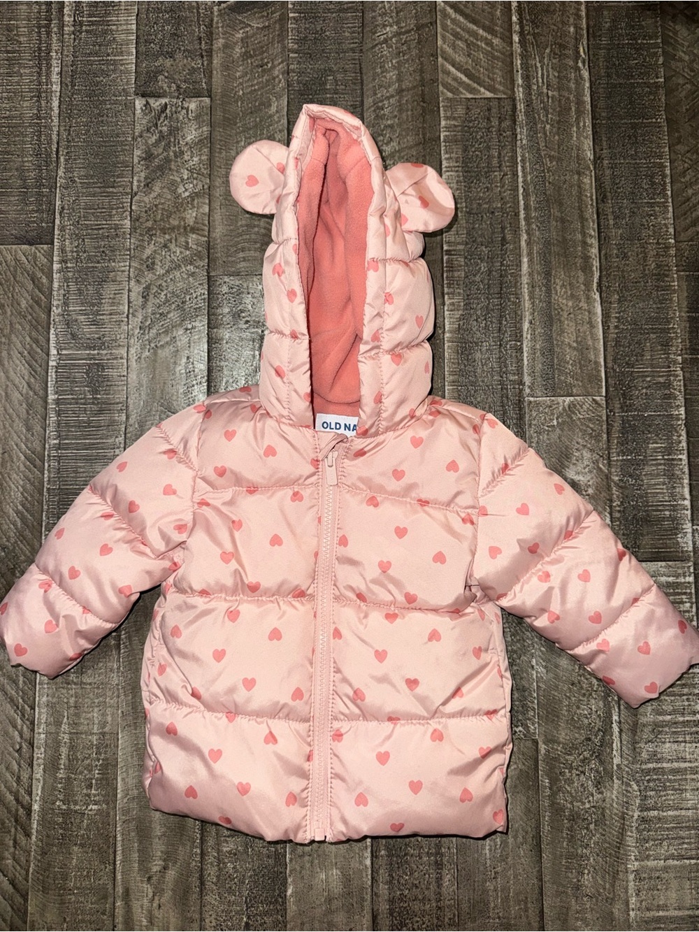 Old Navy Light Pink Heart-Print Puffer Jacket with Hood